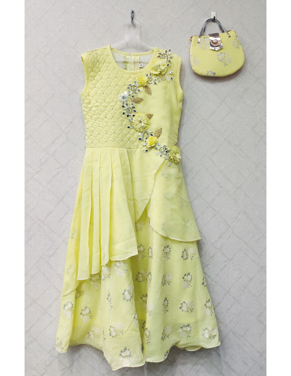 Lemon Yellow Silk Long Gown For Kids With Applique Work And Fabric Work (KRB26)